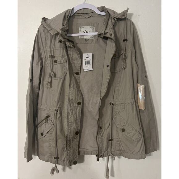 New YMI Zip Off Hood Windbreaker M Jacket Pockets Lined Khaki Tan NWT‎ Women - Picture 1 of 10